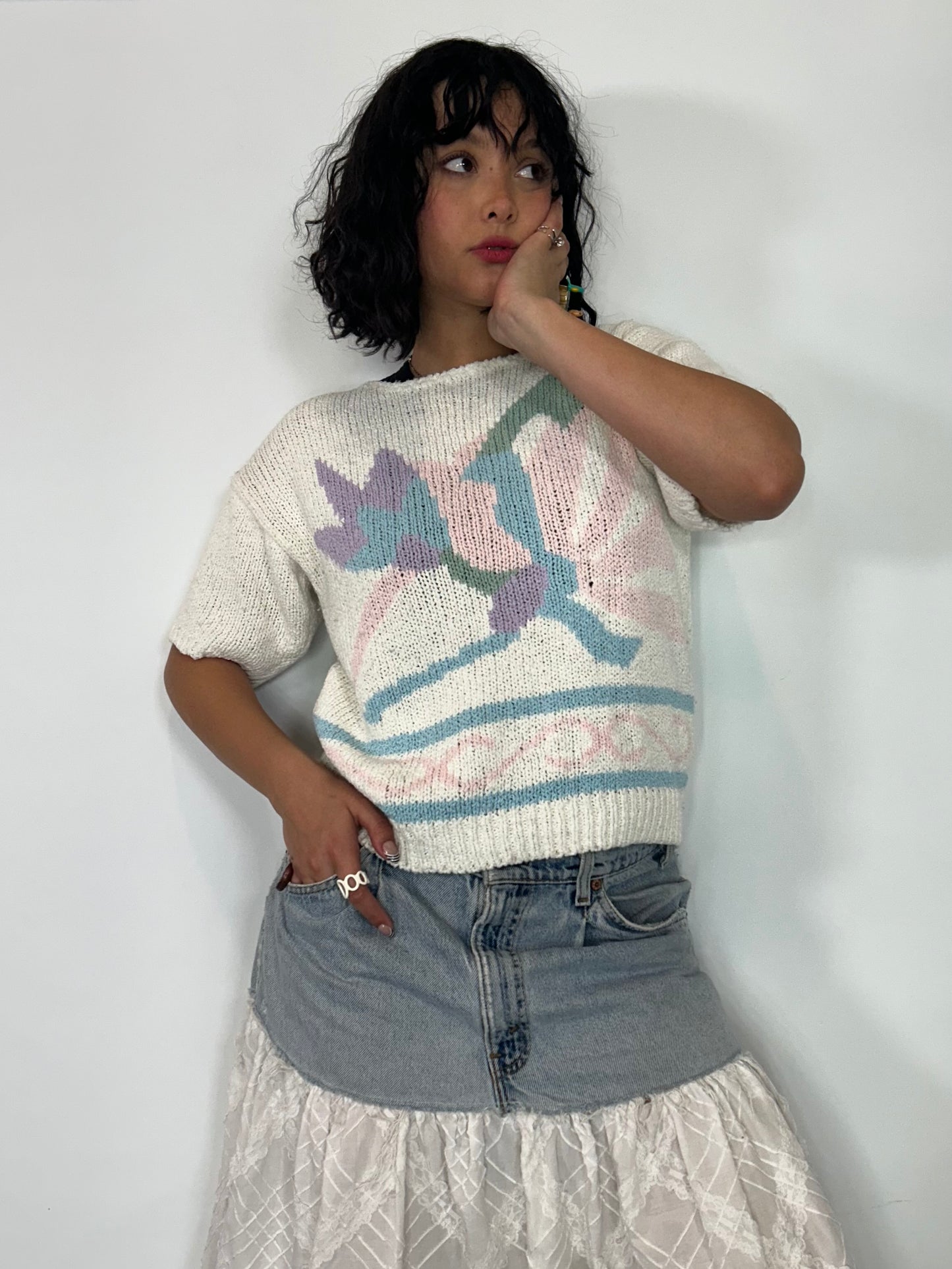 Vintage White Floral Knit Top