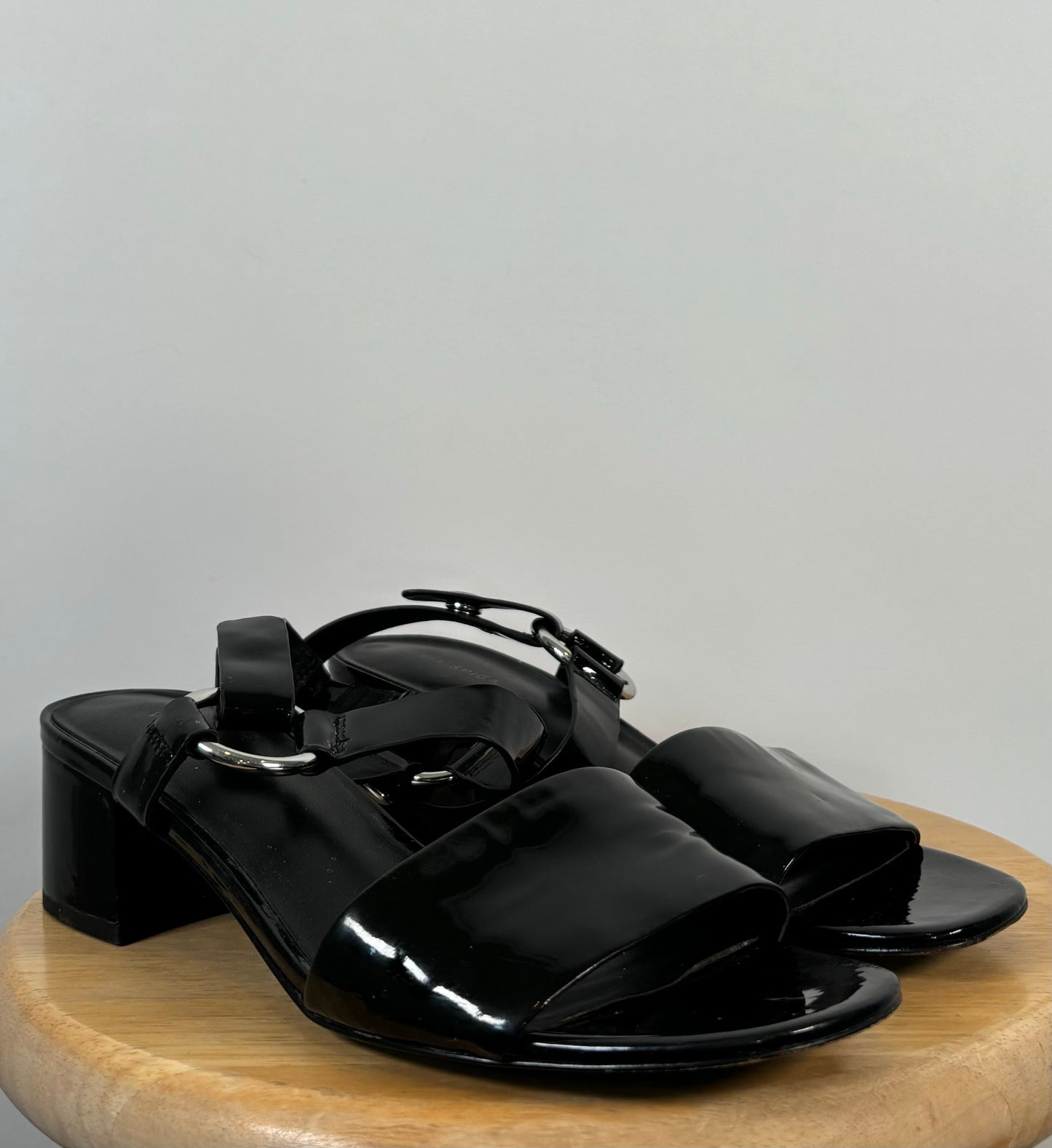 Via Spiga Freda Black Patent Block Heel Sandals