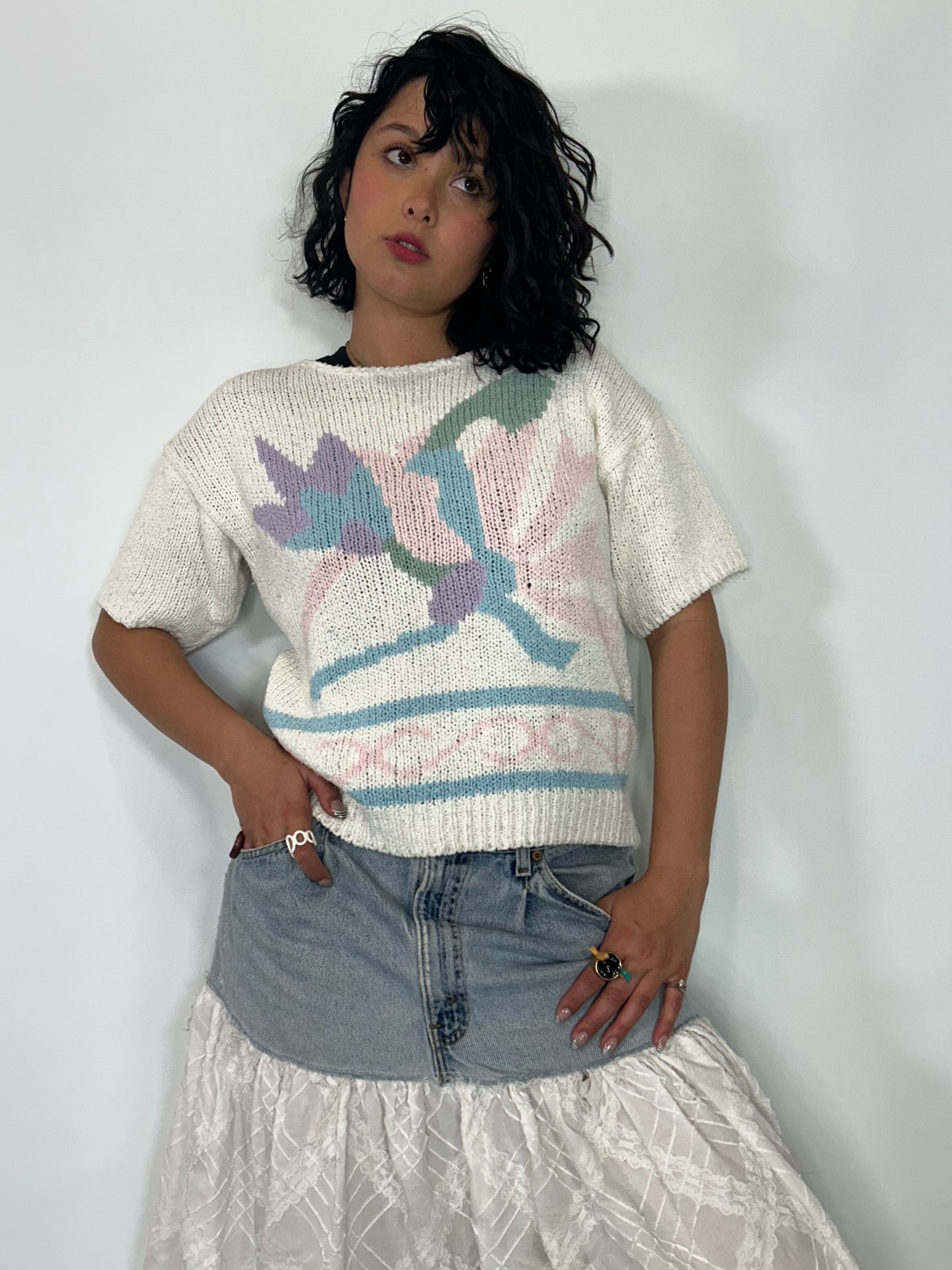 Vintage White Floral Knit Top