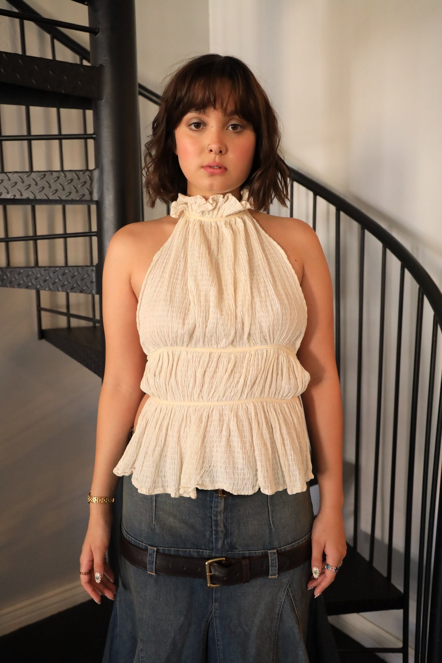 High Neck ruffle Tie Top