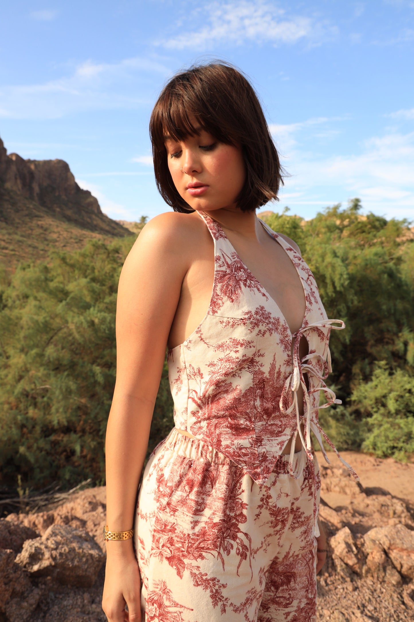 Red Rooster Vest Tie Halter Top