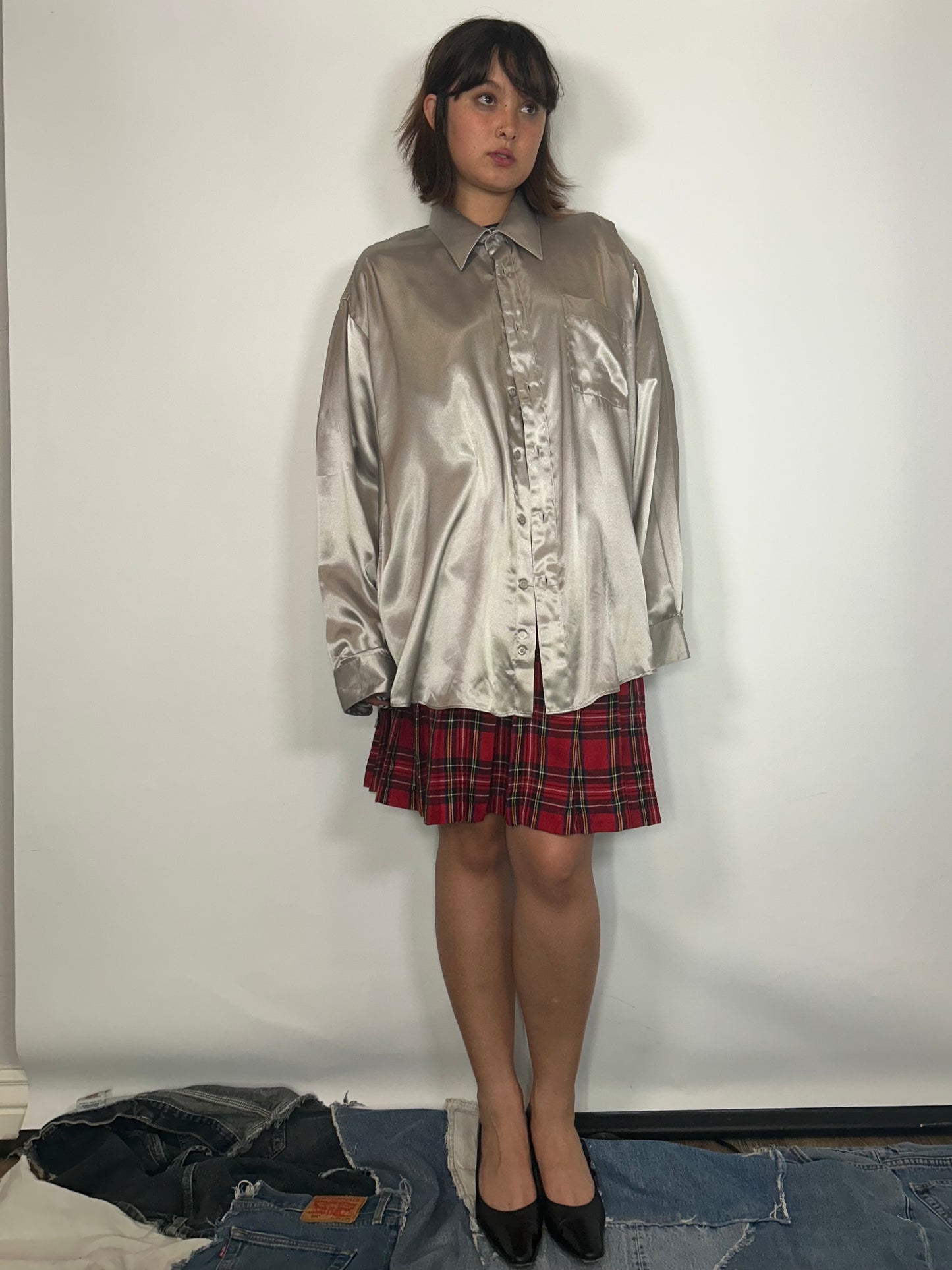 Vintage silky silver button up