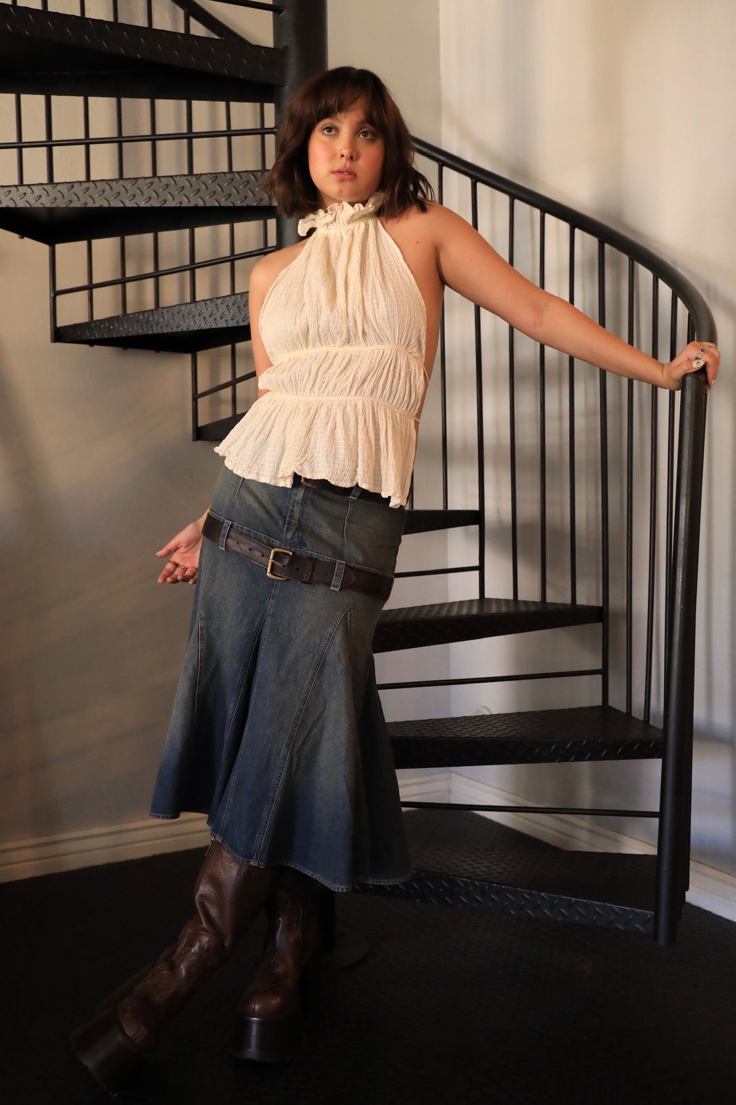 High Neck ruffle Tie Top