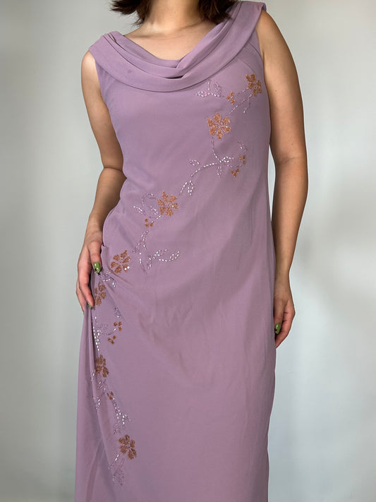 Vintage Purple Beaded Cowl Neck Dress