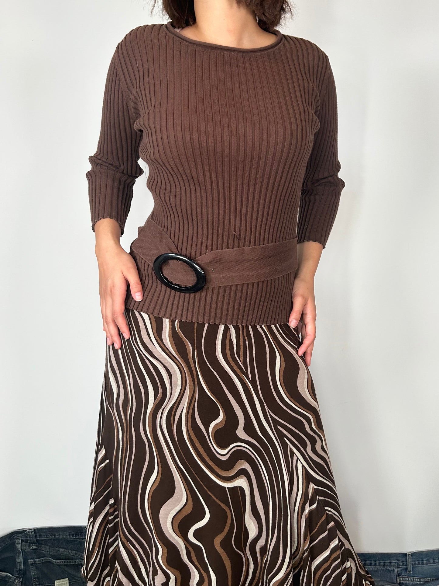 Ribbed Brown Belted Sweater