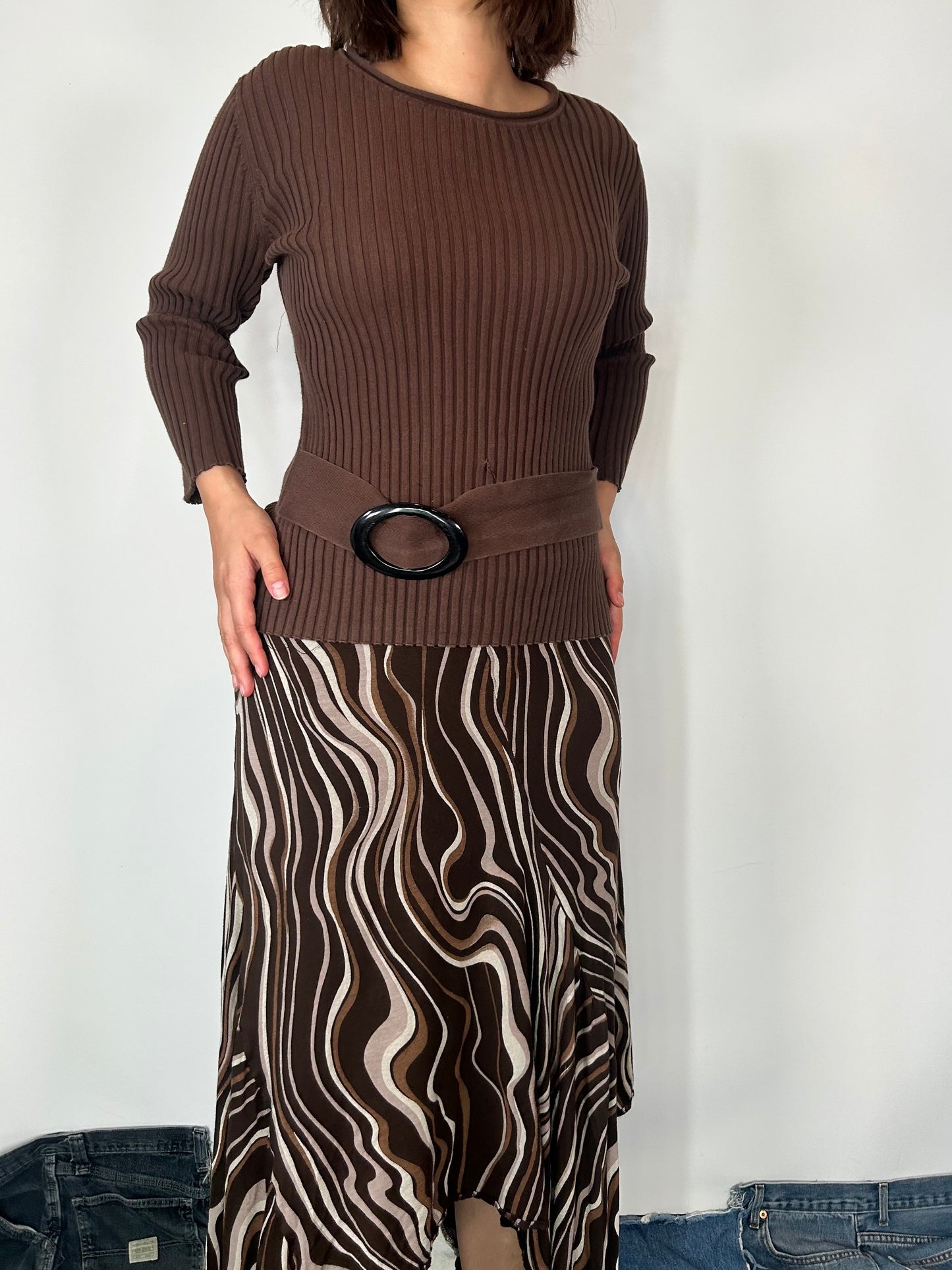 Ribbed Brown Belted Sweater